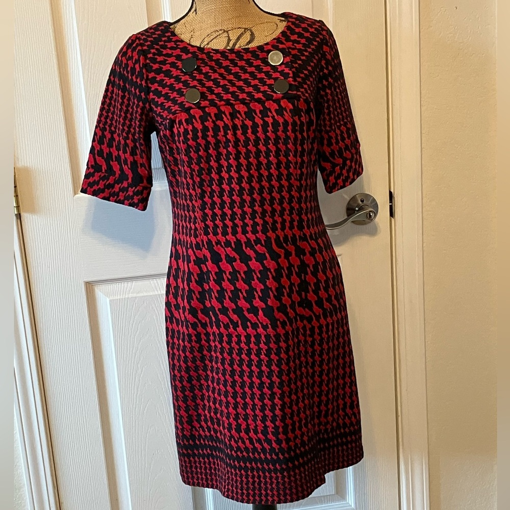 RABBIT RABBIT RABBIT red black Fall houndstooth print secretary midi shift dress
